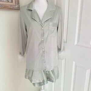 2-Piece Pajama Short Set Sz Small Silky Light Green 3/4 Sleeves Boa Trim